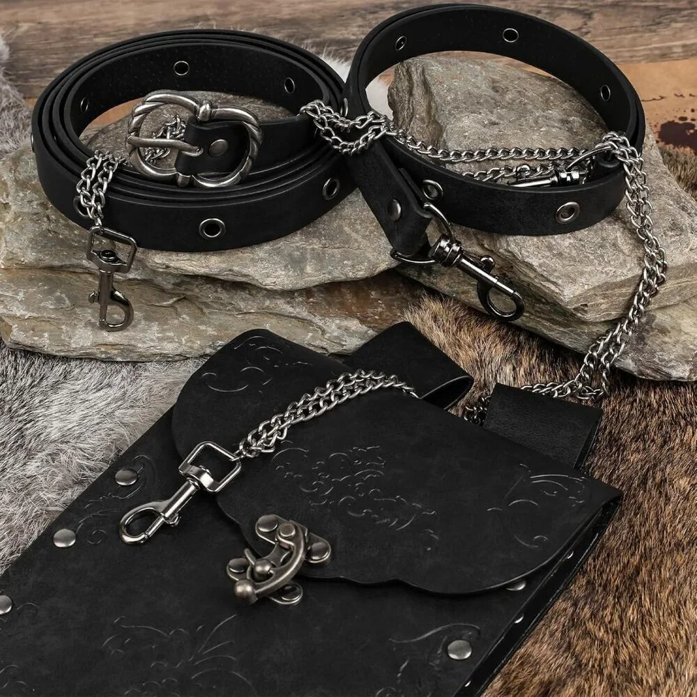 Medieval Women Belt Vintage Faux Leather Chain Pouch Costume Accessory